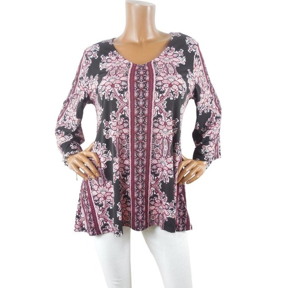 DRESSBARN Top L Tunic Blouse Red/Black Print Stretch V-Neck 3/4 Asymmetric Slvs - Picture 3 of 11